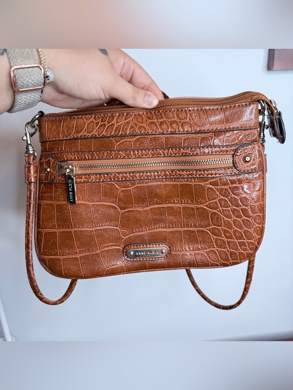 Anne Klein Cognac Croc-Embossed Crossbody Bag